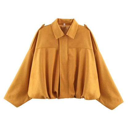 PRINTKAOIR Women's Bomber Jacket Lapel Long Sleeve Zipper Suede Jacket Women High Street Cropped Racing Jackets Coats Outerwears