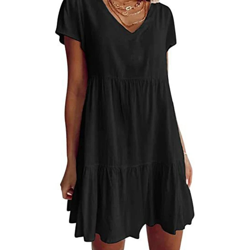 Women Short Sleeve Sexy V-Neck Swing Tunic Mini Dress Solid Color Pleated Ruffle Flowy Hem A-Line Casual Loose  Dropship