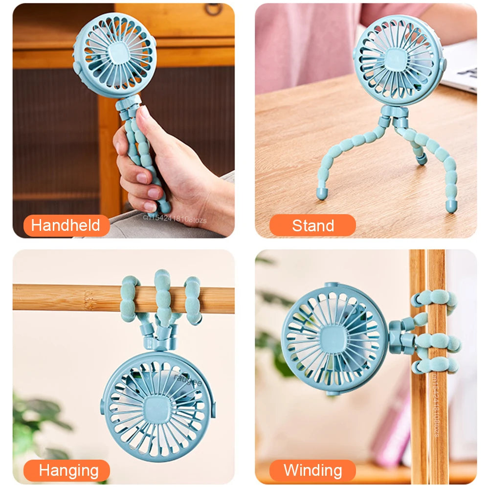 Portable Fan Mini Clip Fan Stroller Fan 360° Rotate Flexible Tripod USB Rechargeable Battery Fan for Car Seat Bike Treadmill