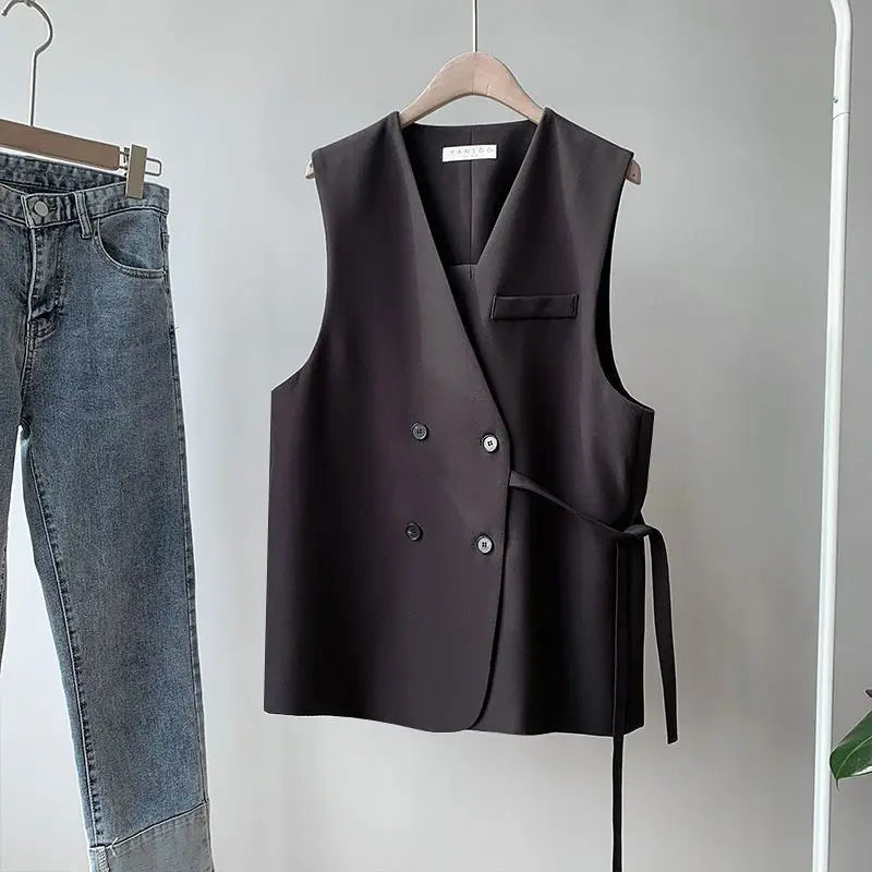 2024 Women Spring Autumn New Loose Suit Vest Jacket Female V-neck Sleeveless Coats Ladies Casual Double Breasted Waistcoat W681