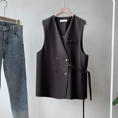 2024 Women Spring Autumn New Loose Suit Vest Jacket Female V-neck Sleeveless Coats Ladies Casual Double Breasted Waistcoat W681