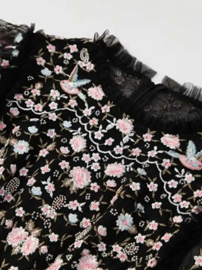 IEQJ Printing Embroidered Fales Design Dresses For Women Round Neck Short Sleeve High Waist Elegant Dress Autumn 2025 3WM1391