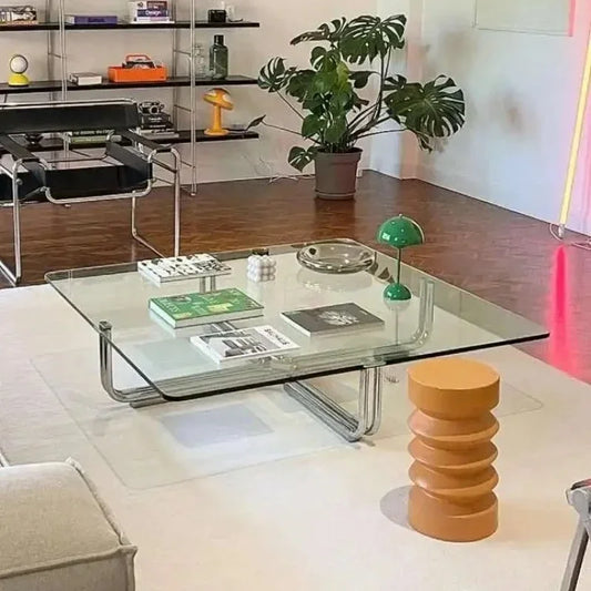 Transparent Square Glass Coffee Table, Stainless Steel Low Table