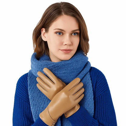 Simple Solid Color Full Finger Mittens Button Thickened Women Leather Gloves Windproof Keep Warm Touch Screen Gloves Outdooor