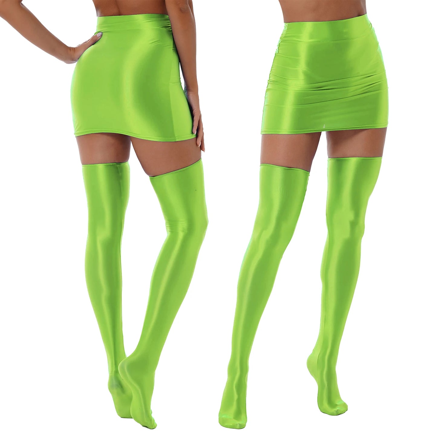 Women's Shiny Skirt Set Glossy Solid Color Lingerie Suit with Stockings Rave Bar Pole Dance Outfit Clubwear Performance Femme
