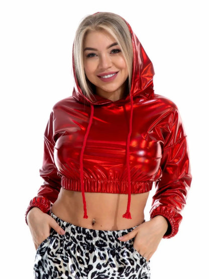 Sexy Cropped Holographic Hoodies Women Shiny PU Metallic Hoody Long Sleeve Short Sweatshirt with Drawstring Pullovers Streetwear