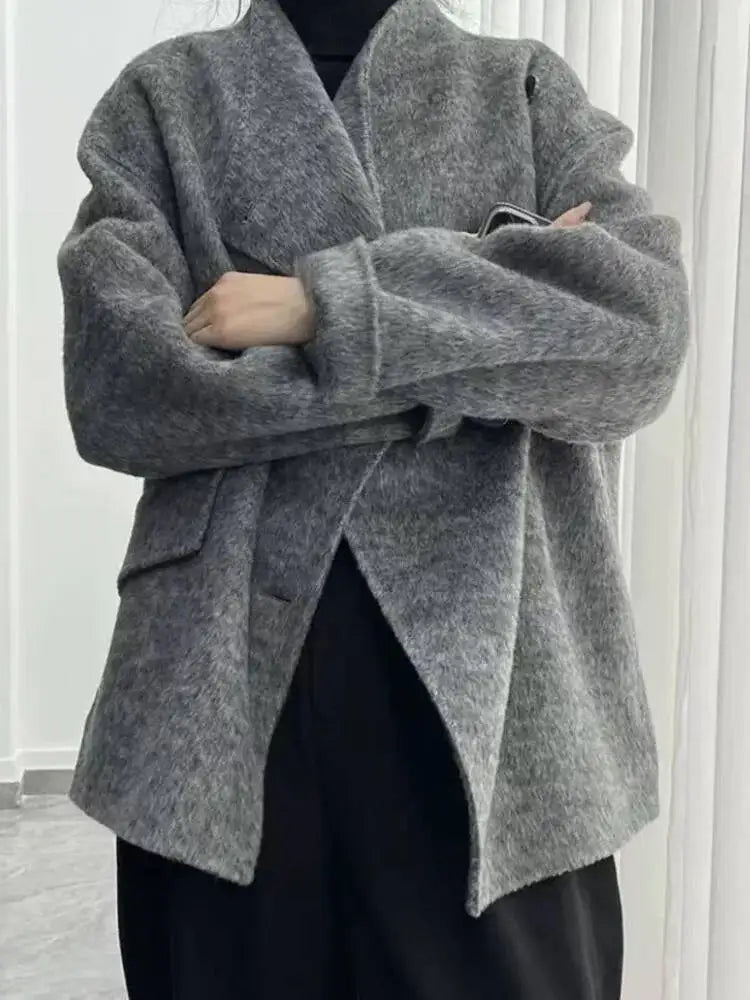 [LANMREM] Fashion Solid Color Loose Wool Coat For Women Turn Down Collar Single Breasted Coats 2025 Winter New Tide 26DA1533