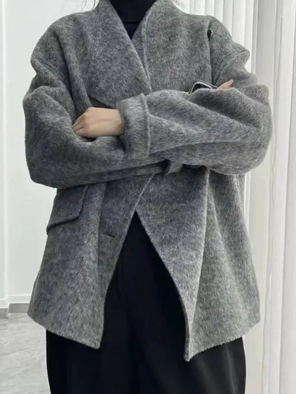 [LANMREM] Fashion Solid Color Loose Wool Coat For Women Turn Down Collar Single Breasted Coats 2025 Winter New Tide 26DA1533