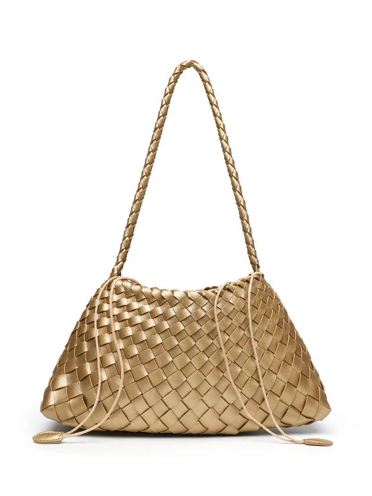 Women's Woven Shoulder Bag Soft Leather Tote Bag with Drawstring Inner Bag 2-In-1 Bucket Bag for Daily Commute Handbag