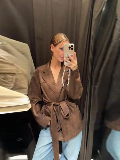 Vintage Brown Suede Jacket for Women Single Breasted Turn-down Collar Blazer with Pocket Casual Office Outerwear Autumn 2025