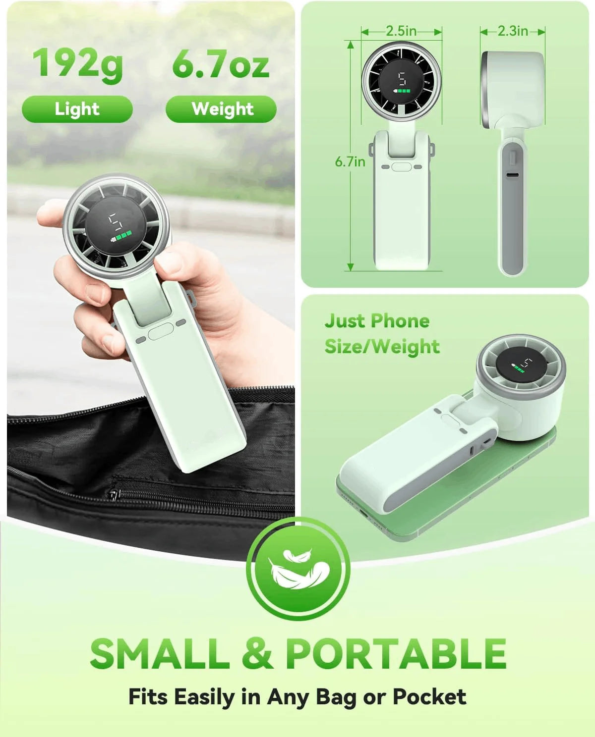 Handheld Fan Portable Foldable USB Rechargeable, Ultra Quiet 5-speed Adjustable, 1200mAh Battery (10 Hours Running Time)