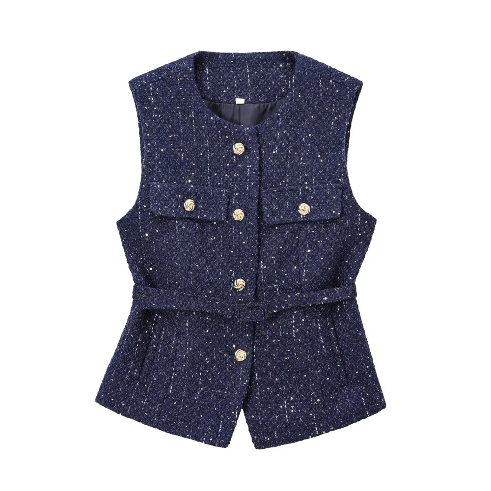 Women's Tweed Waistcoat with Belt, O Neck, Sleeveless, Front Button, Female Outerwear, Chic Tops, Fashion Vest Women