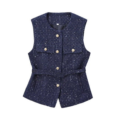 Women's Tweed Waistcoat with Belt, O Neck, Sleeveless, Front Button, Female Outerwear, Chic Tops, Fashion Vest Women