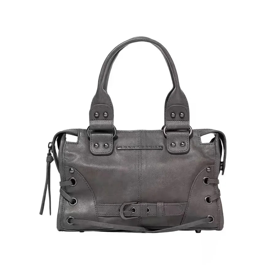Korean brand FANCY CLUB: Large Capacity Retro Fancyclub Tote Bag with Rivets and Straps – A Motorcycle-Style Bag for Women.