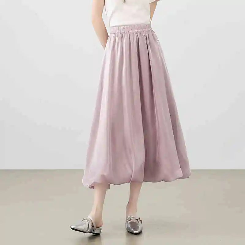SENTUBILA Women's Pearlescent Skirts 2025 Party Evening Elegant Folds Elastic Waist A-line Tulip Skirt Female Clothing W52QG0018