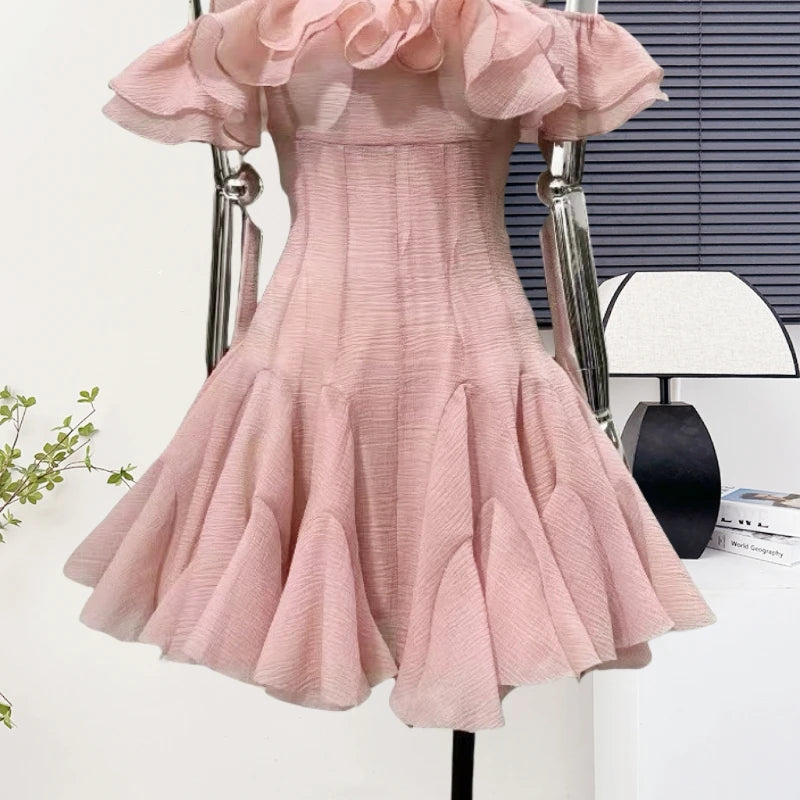 Women's Elegant Off Shoulder Ruffles Slim Mini Dress Lady Summer Sexy Party Holiday Slash Neck A Line Short Dress