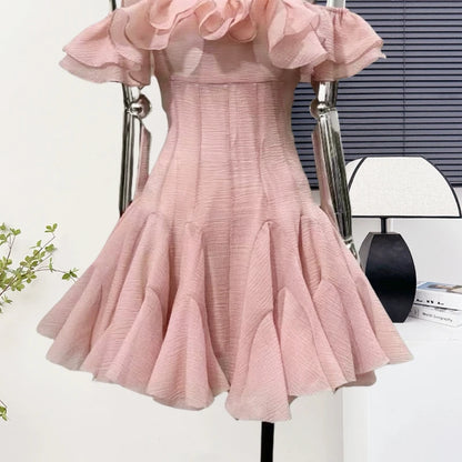 Women's Elegant Off Shoulder Ruffles Slim Mini Dress Lady Summer Sexy Party Holiday Slash Neck A Line Short Dress