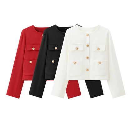 Fall Hot Sale Of The Season New Pure Color Short Coat round Neck Single Button Elegant Lady Niche 8630555 Polyester Fiber Full S