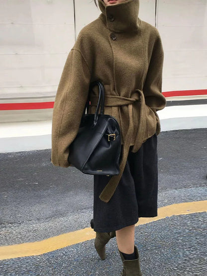 Elegant Women's Belt Stand Collar Woolen Coat Chic Single Breasted Full Sleeve Jacket 2025 Autumn Winter Lady Commute Streetwear