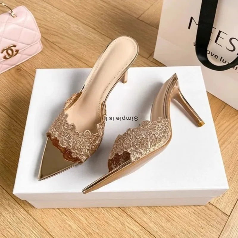 Women's High Heel Slippers Embroidery Lace Pointed Slippers Elegant Temperament High Heels Single Shoes for Women Banquet Pumps