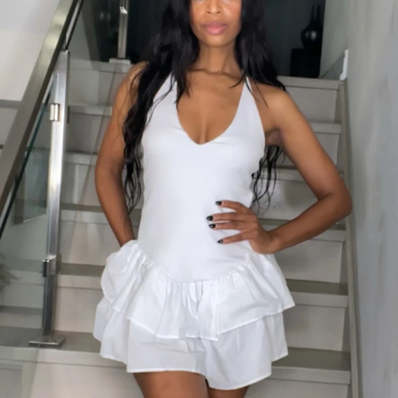 HXAO Off Shoulder Women's Dress Halter Solid Short Dresses 2025 Woman V Neck Layered Mini Dress Backless Party Dress For Women