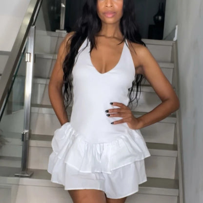 HXAO Off Shoulder Women's Dress Halter Solid Short Dresses 2025 Woman V Neck Layered Mini Dress Backless Party Dress For Women