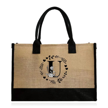 Shopping Bag Burlap Tote Bag Jute Bags Lightweight Handbag Portable LargeCapacity Women Grocery Organizer Garland Letter Pattern