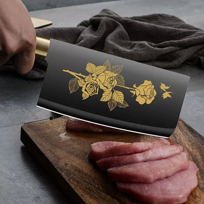 Deluxe Gold Titanium Plated Blade Fruit and Vegetable Chopper Deluxe Stainless Steel Kitchen Knife Professional Cooking Gear