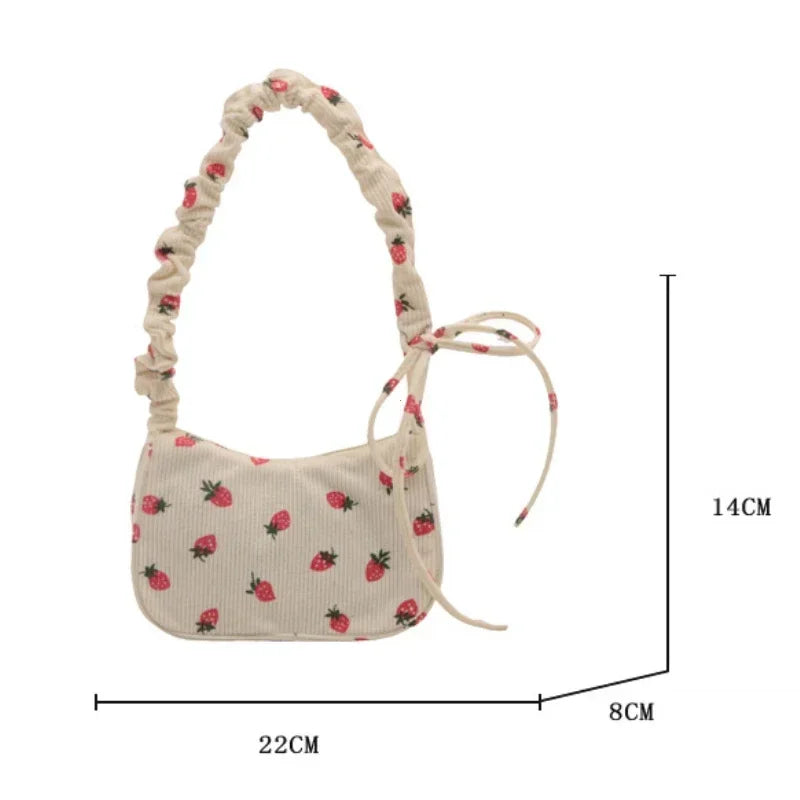 Small Underarm Bag For Women Corduroy Handbag Cute Strawberry Print Little Tote Half Moon Design Eco Cloth Mini Shoulder Bag