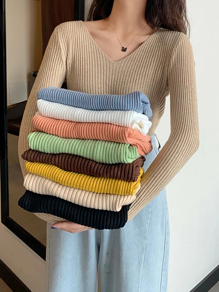 2026 Basic B-neck Solid Autumn Winter Pullover Women Female Knitted Ribbed Sweater Slim Long Sleeve Badycon High Quality Sweater