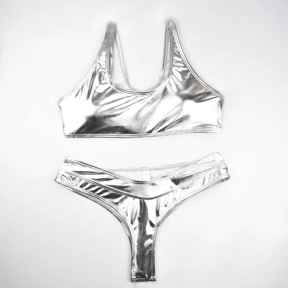 New Gilded Fabric Swimsuit Women Sexy Reflective Gold/Silver One-Piece/Two-Piece Bikini Double Layer Thick Material 2023 New