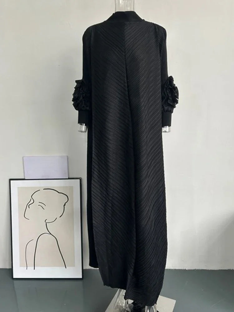 YUDX High Quality Maxi Miyake Pleated Dress Round Neck Spliced Fungus Full Sleeve Dresses For Women 2025 New Spring Clothing