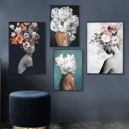 Canvas Painting Wall Art Women and Flowers Abstract Print the Girl with Flowers on Her Head Surrealism Imagine Poster Room Decor