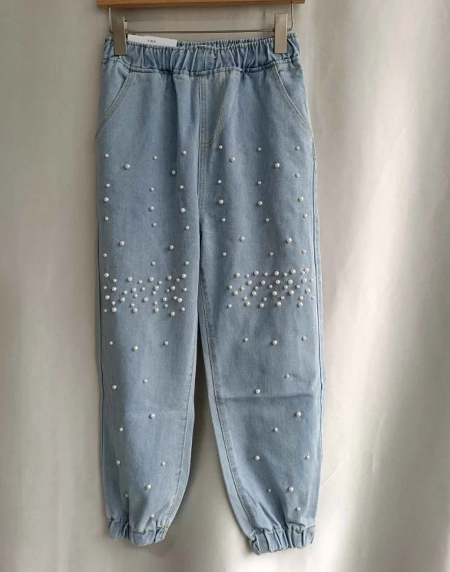 Korean Jeans Woman Streetwear Fashion Denim Harem Pants 2025 New Bottoms Elastic Waist Beading Casual Vintage Y2k Pantalon Femme
