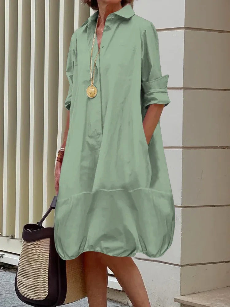 Yeezzi Women's Lapel Shirts Dress 2024 New Spring Summer Long Sleeves Loose Solid Color Casual Going Out Office Midi Dresses
