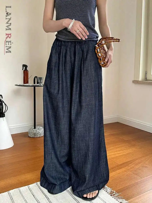 [LANMREM] Vintage Elastic High Waist Jeans For Women Straight Wide Leg Denim Pants Sunscreen Trousers 2025 Summer New 26D9421
