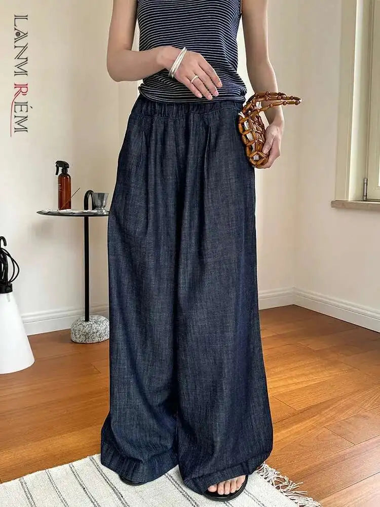 [LANMREM] Vintage Elastic High Waist Jeans For Women Straight Wide Leg Denim Pants Sunscreen Trousers 2025 Summer New 26D9421