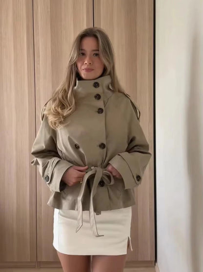 Women's Chic Stand Collar Double-breasted Belted Waist Cropped Trench Coat Shoulder Epaulets 2025 Autumn Casual Street Outerwear