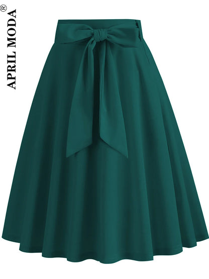 Red Women's High Waist A-Line Pockets Skirt Casual Summer Flared Midi Skirt 1950s Retro Swing Pinup Skirt Office Lady Workwear