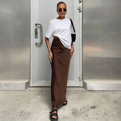 Elegant Satin Black Trumpet Skirts Fashion Slim High Waist Skirts Women Female 2024 Solid Office Long Skirt Spring Summer