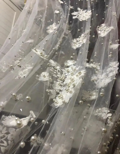 Luxury Appliques Wedding Veil 3D Flowers Pearls Bridal Veils Chapel Length Elegant beaded Bride Veils Wedding Accessories