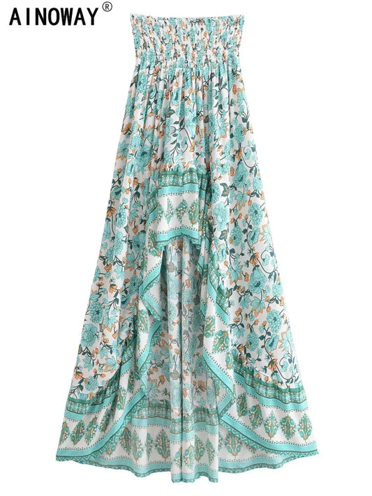 Vintage Chic Fashion Women Floral Print  High Low Beach Bohemian Skirt Elastic Waist Irregular Sexy Maxi Boho Skirts Femme