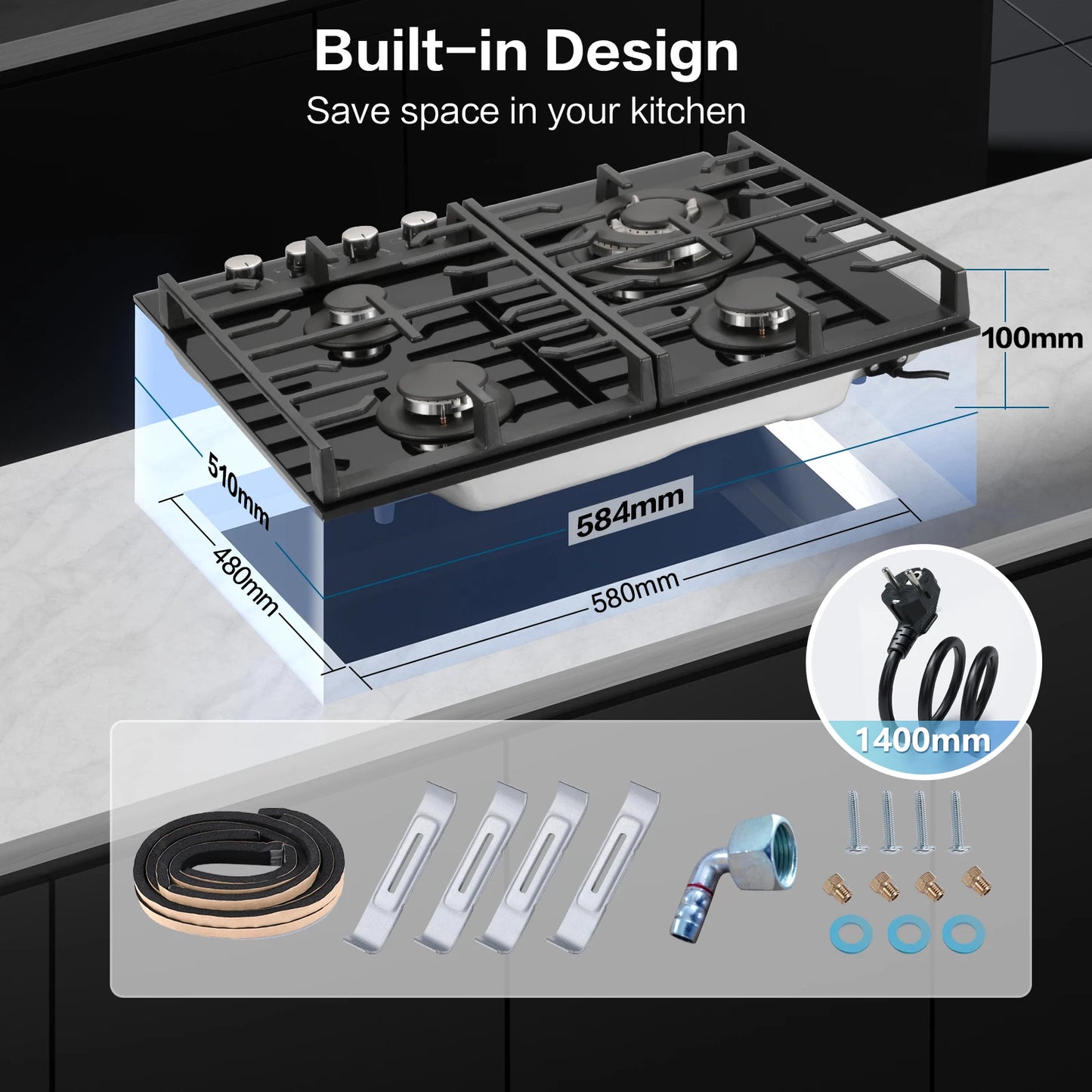 60cm Built-in Gas Hob 4 Burner | Flame Failure Protection & Cast Iron Grates | Black Glass Dual Fuel (NG/LPG)