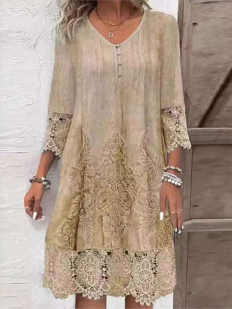 New Solid Color Lace Dress Spring Summer Women Fashion V-neck Button Loose Office Casual Dresses Female Holiday Robe Femme