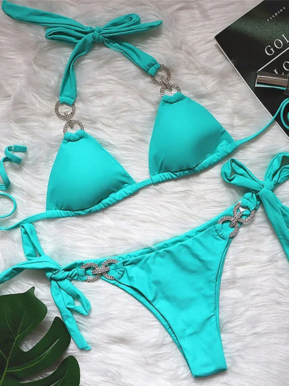 2025 Shiny Rhinestone Diamond Bikini Women Swimsuit Female Swimwear Two Pieces Bikini Set Halter Bathing Suit Swim Beach Wear