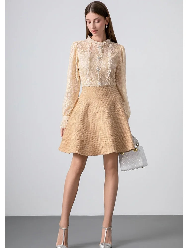 SMTHMA High-End Boutique Lace Splicing Fake Two Small Fragrant Tweed Dress Women's Luxury Beaded Winter Woolen Dresses