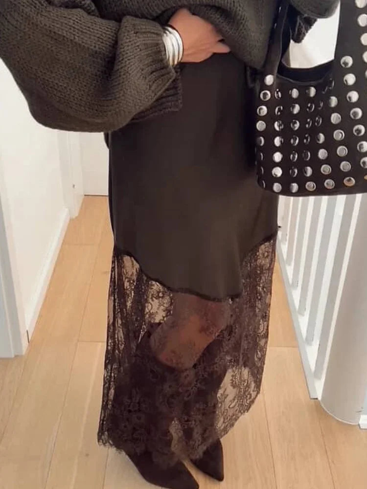 Patchwork Lace Maxi Skirt Women Chic Solid Waist Cinching Hollow Out Long Loose Bottoms Lady Party Daily Street Outerwear New