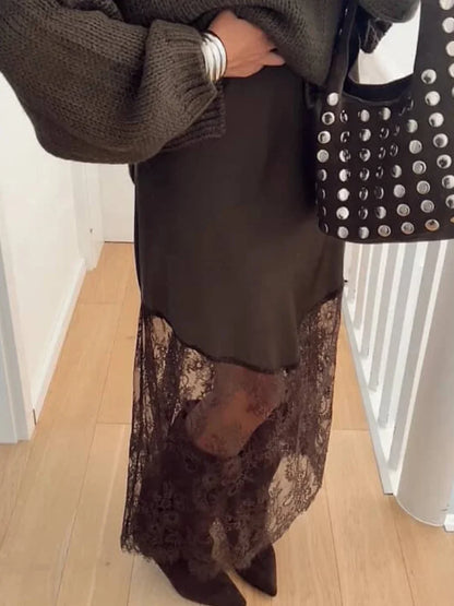 Patchwork Lace Maxi Skirt Women Chic Solid Waist Cinching Hollow Out Long Loose Bottoms Lady Party Daily Street Outerwear New