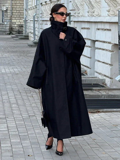 Women's Windproof Trench Coat Chic Long Sleeve Loose Fit Overcoats Stand Collar Long Jackets 2025 Lady Street Fashion Outerwears
