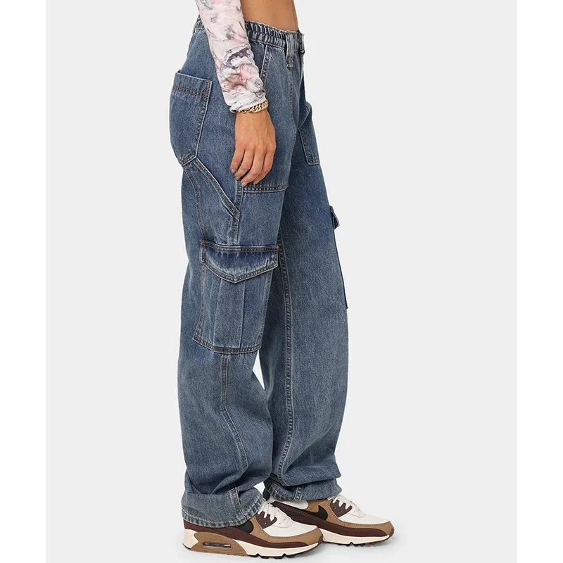 Woman High Waist American Cargo Jeans Lady Straight Leg Cross Pants Girls Fashion Light Blue Dark Blue Black Gray Denim Trousers